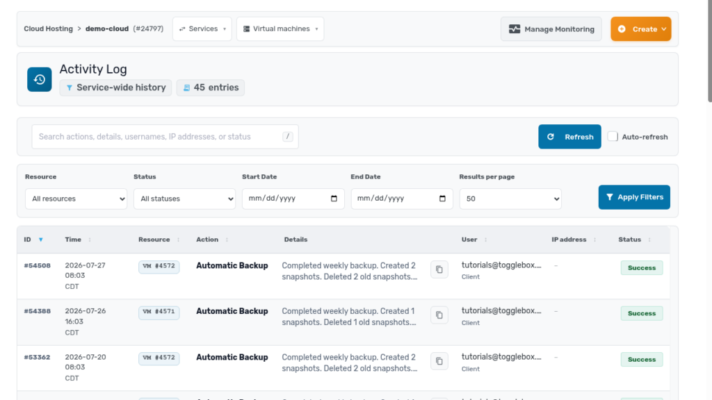 Activity Log in the client area showing a service-wide history of actions with user, IP address, and success status