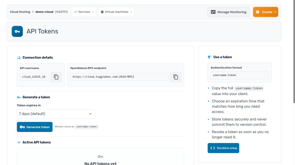 API Tokens page with connection details and token generation with expiry options
