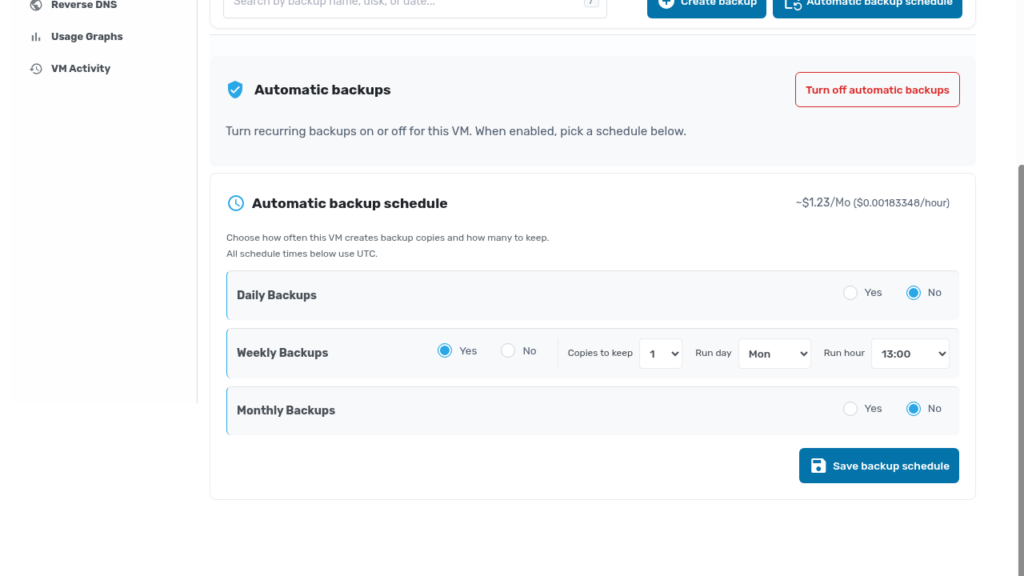 Automatic backup schedule with daily, weekly, and monthly options, copies to keep, and run day and hour