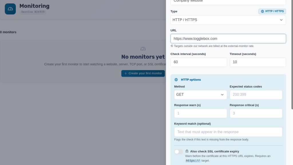 Create monitor form in the client area with HTTP options, check interval, keyword match, and SSL expiry check