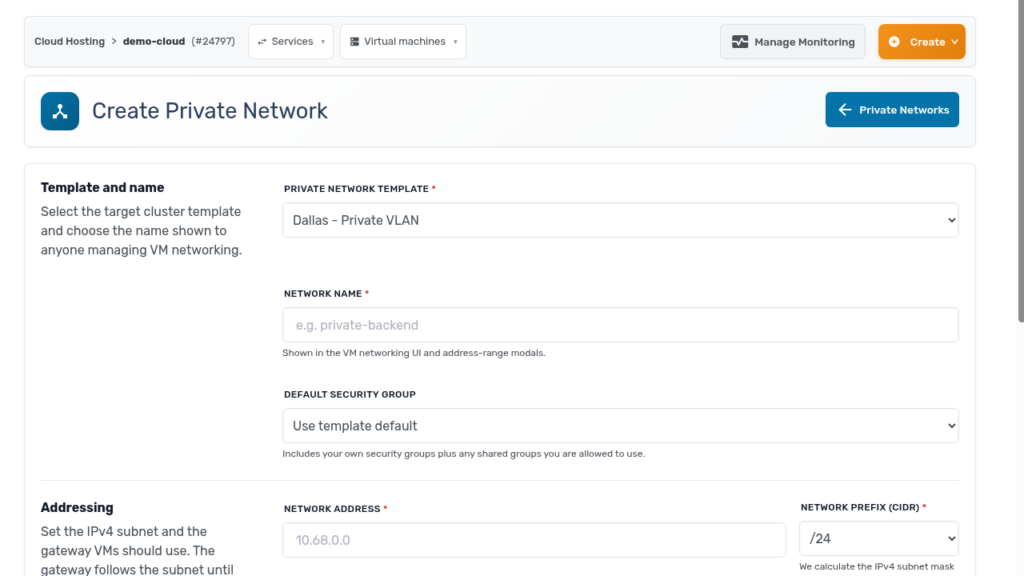 Create Private Network form with template, name, security group, and addressing options