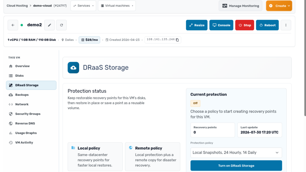 DRaaS Storage tab for a VM with local and remote policy options and a price estimate before enabling