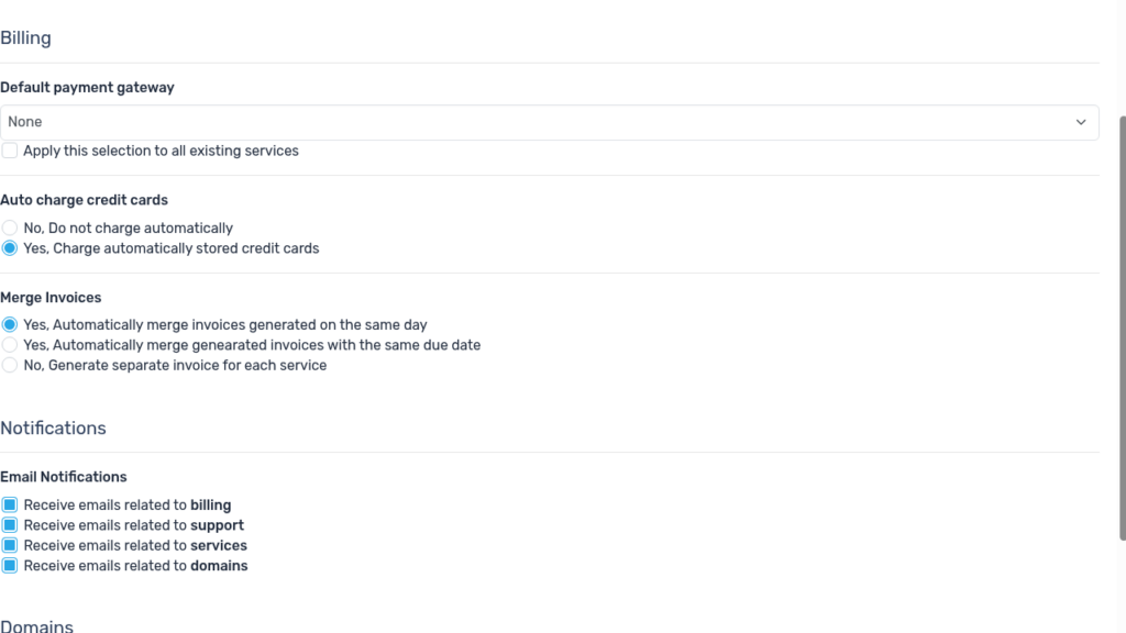 Merge Invoices setting in client area billing settings with three options