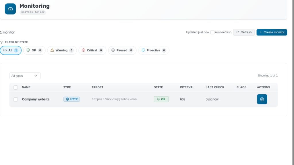 Monitoring dashboard in the client area showing a healthy HTTP monitor