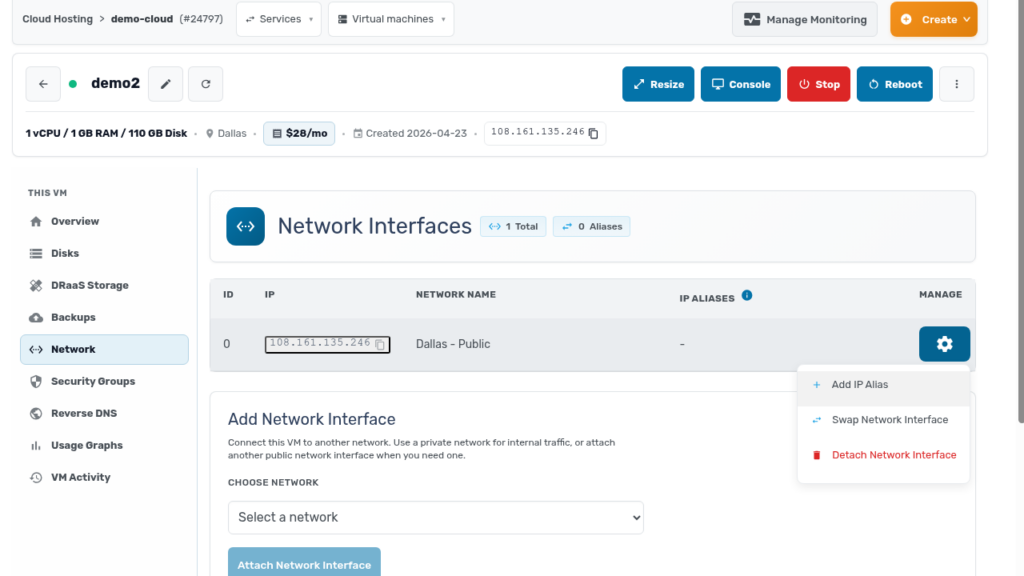 Network interface actions menu on a VM showing Add IP Alias and Swap Network Interface