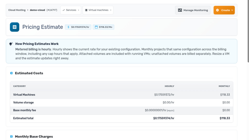 Service-wide pricing estimate with hourly and monthly costs broken down by category