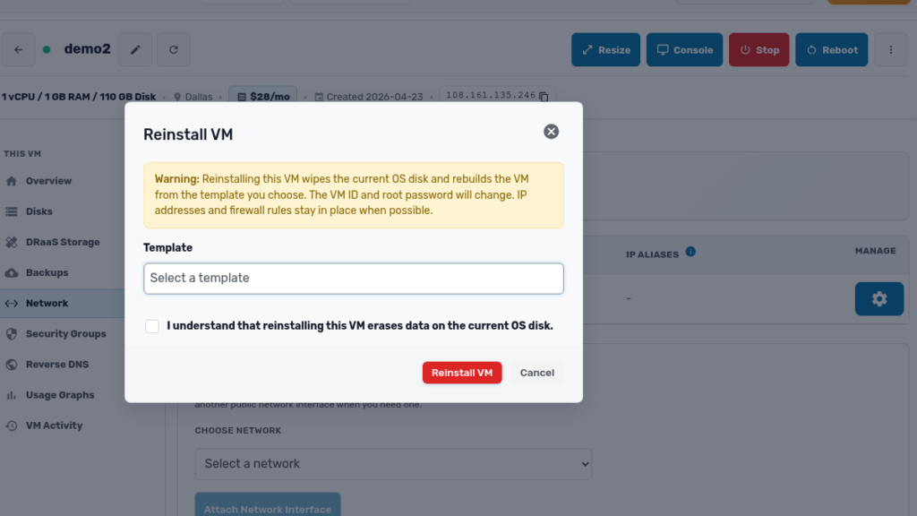 Reinstall VM dialog with a template picker and a confirmation checkbox before rebuilding