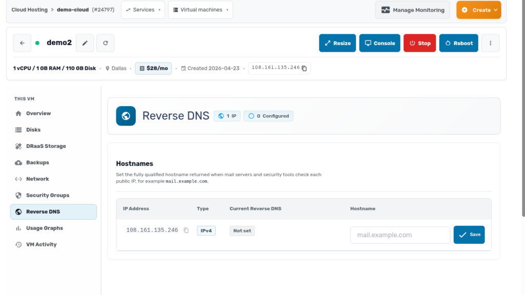 Reverse DNS tab for a VM where a PTR hostname can be set per public IP