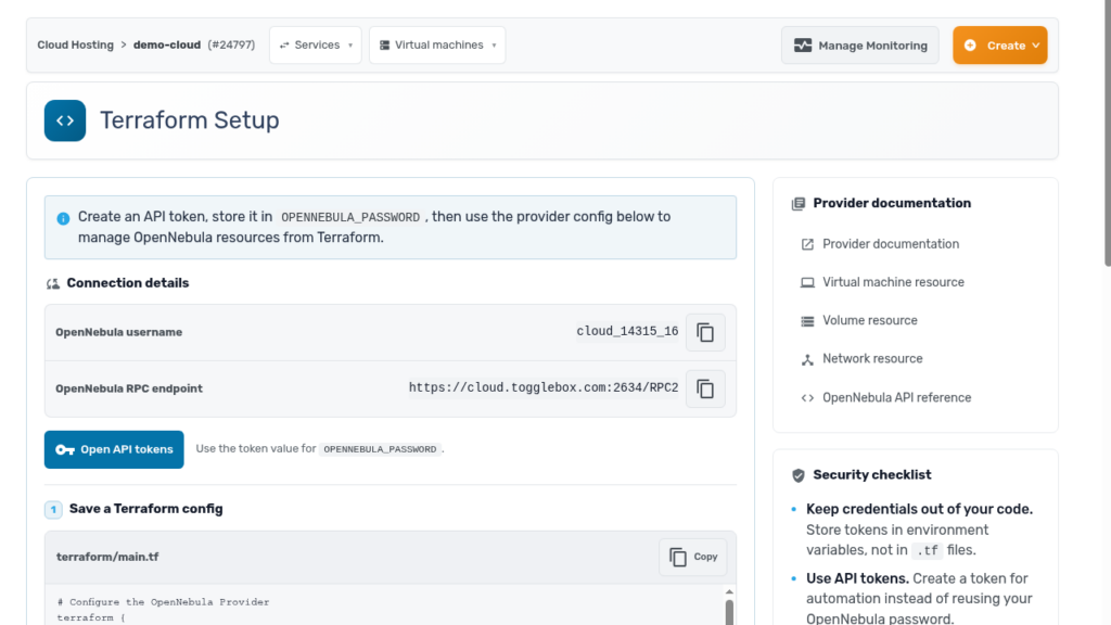 Terraform setup page with provider configuration, documentation links, and a security checklist