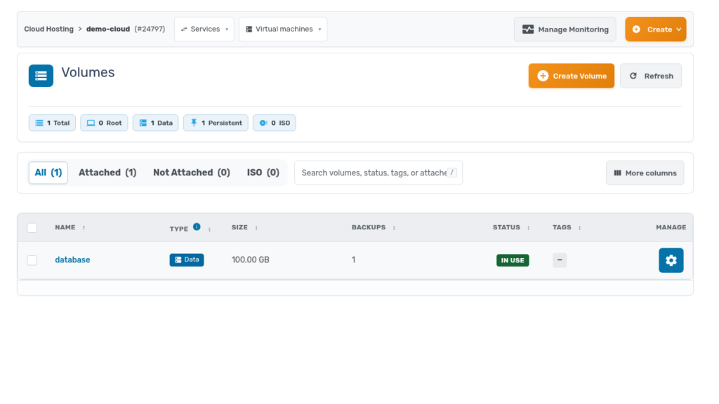 Volumes page in the client area listing a data volume with size, backups, and attachment status