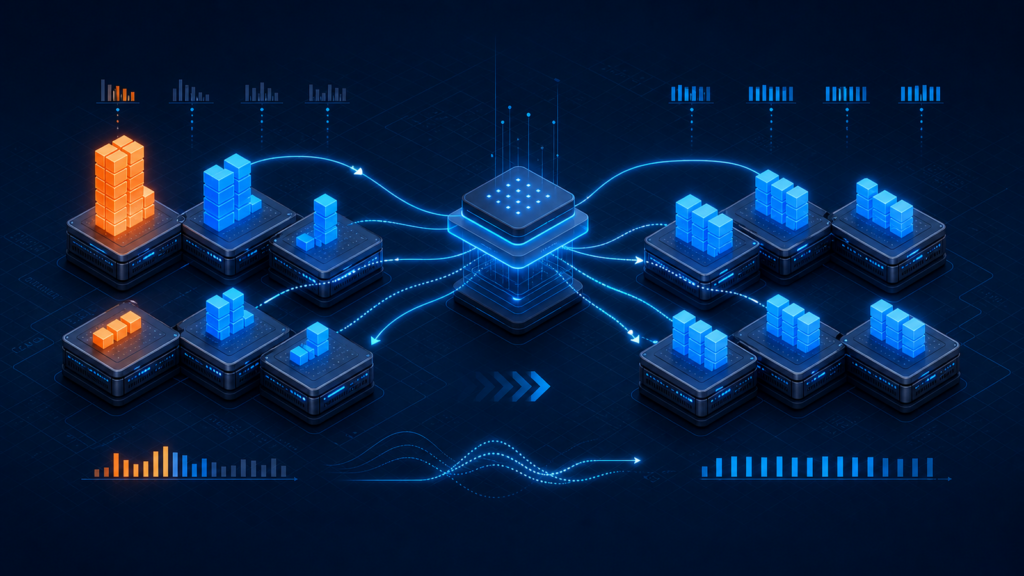 Technical illustration of OneDRS balancing workloads across a cloud cluster