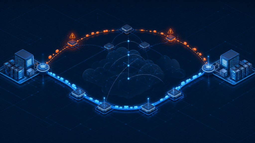 Technical illustration of traffic automatically rerouting around degraded internet paths