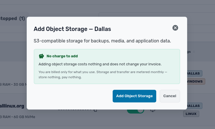 Add Object Storage confirmation dialog showing there is no charge to add and billing is usage-based