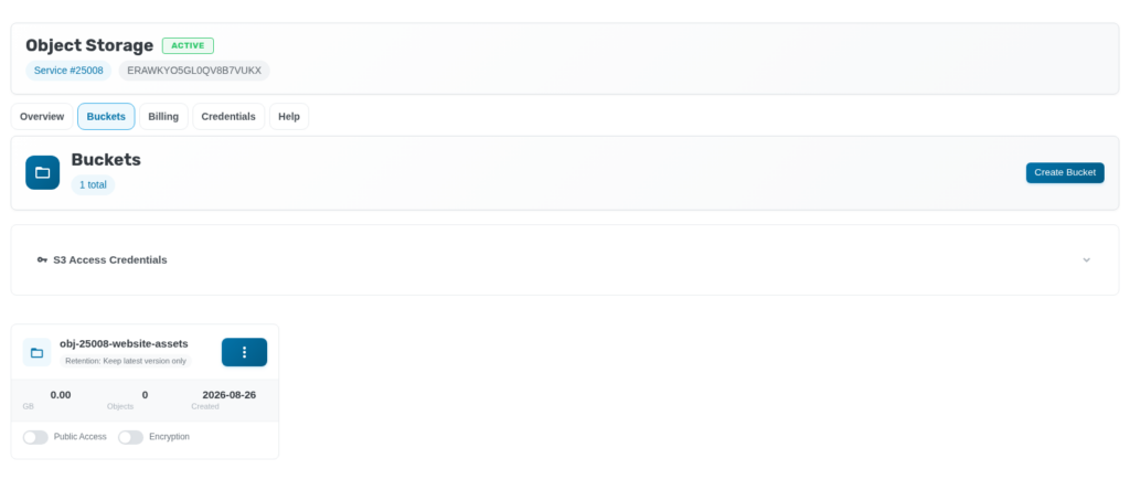 Buckets tab showing the newly created bucket with public access and encryption toggles