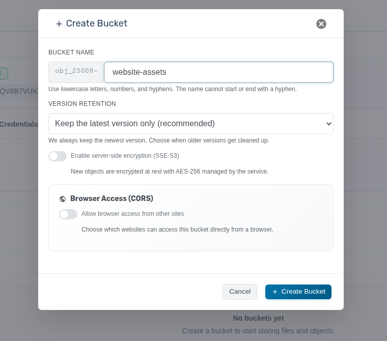 Create Bucket dialog with version retention, server-side encryption, and browser access options