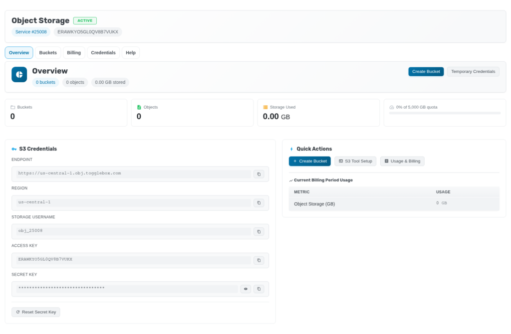 Object Storage overview with S3 credentials, usage stats against the quota, and quick actions