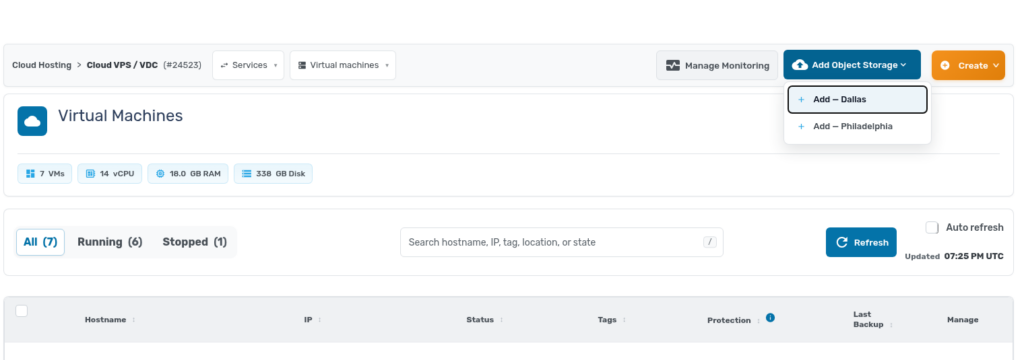 Add Object Storage button on the Cloud VPS service page with the Dallas and Philadelphia quick-add menu open