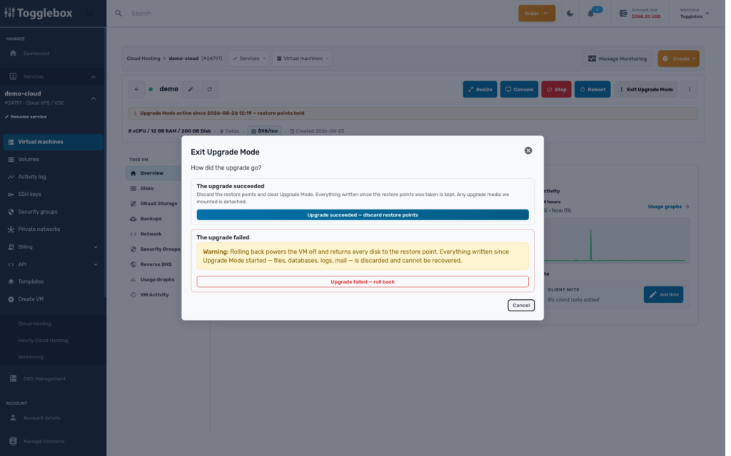 Exit Upgrade Mode dialog asking whether the upgrade succeeded, which discards the restore points, or failed, which rolls every disk back
