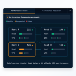 Cloud VPS fleet monitor showing Performance Guard rebalancing load off a busy host